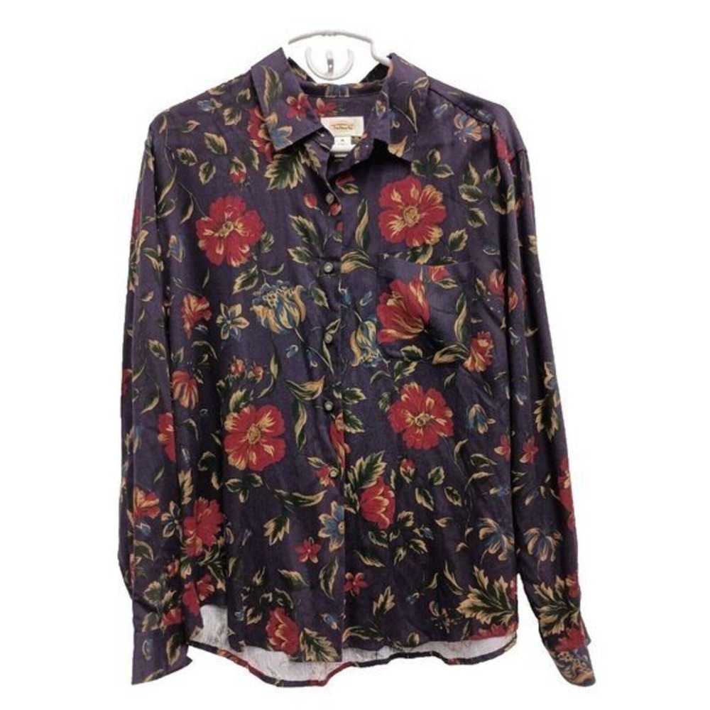 Talbots Button Down Shirt Womens Medium Purple Floral Rayon Long Sleeve BOHO